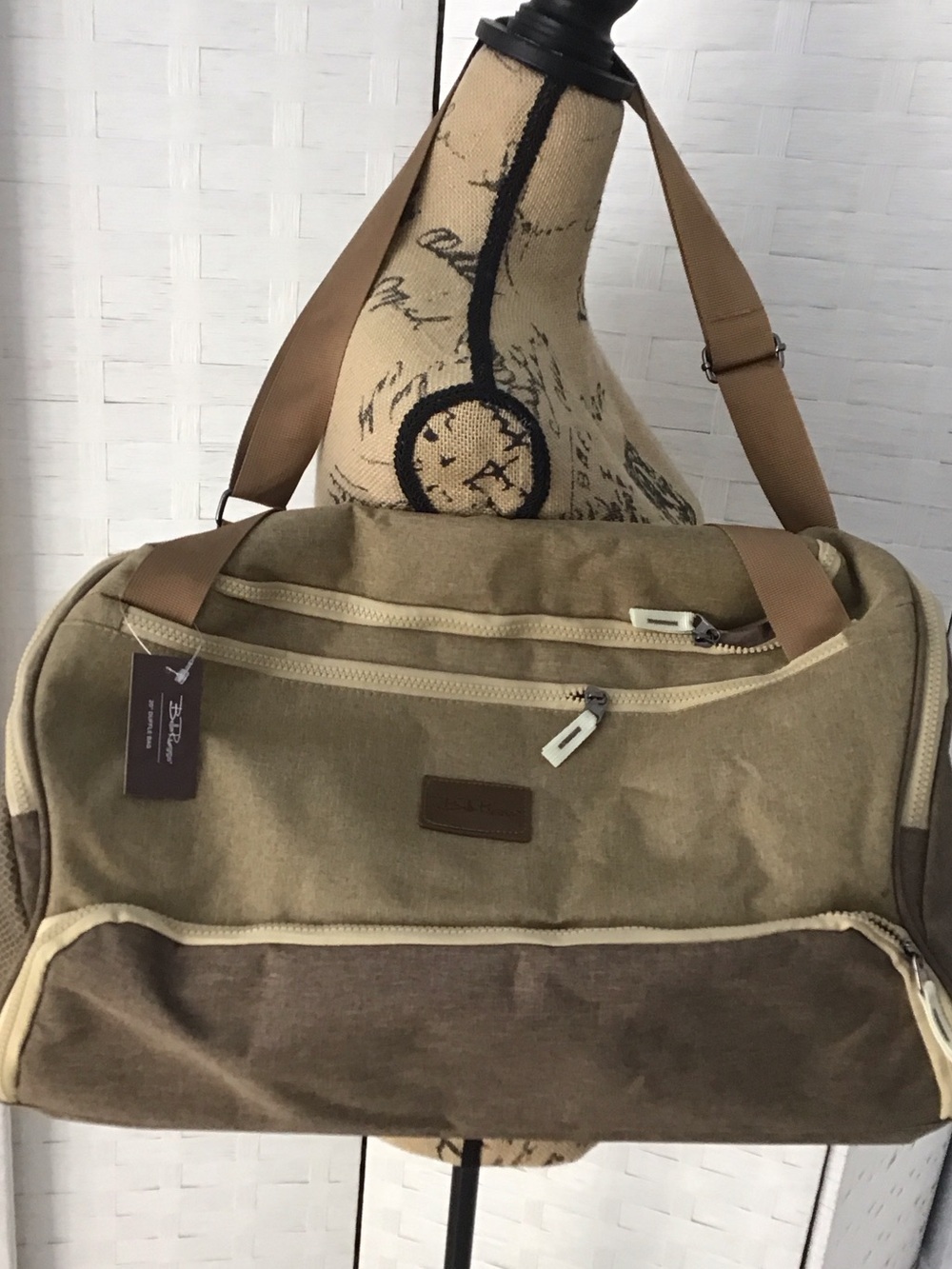 Mens Canvas Two-Tone Duffel Bag in Tan and Brown. ##